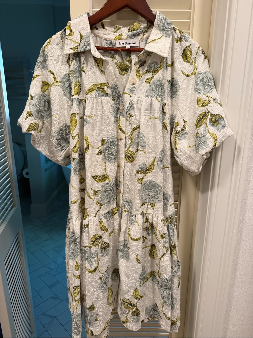En Saison White Dress with Green and Sage Floral Print
